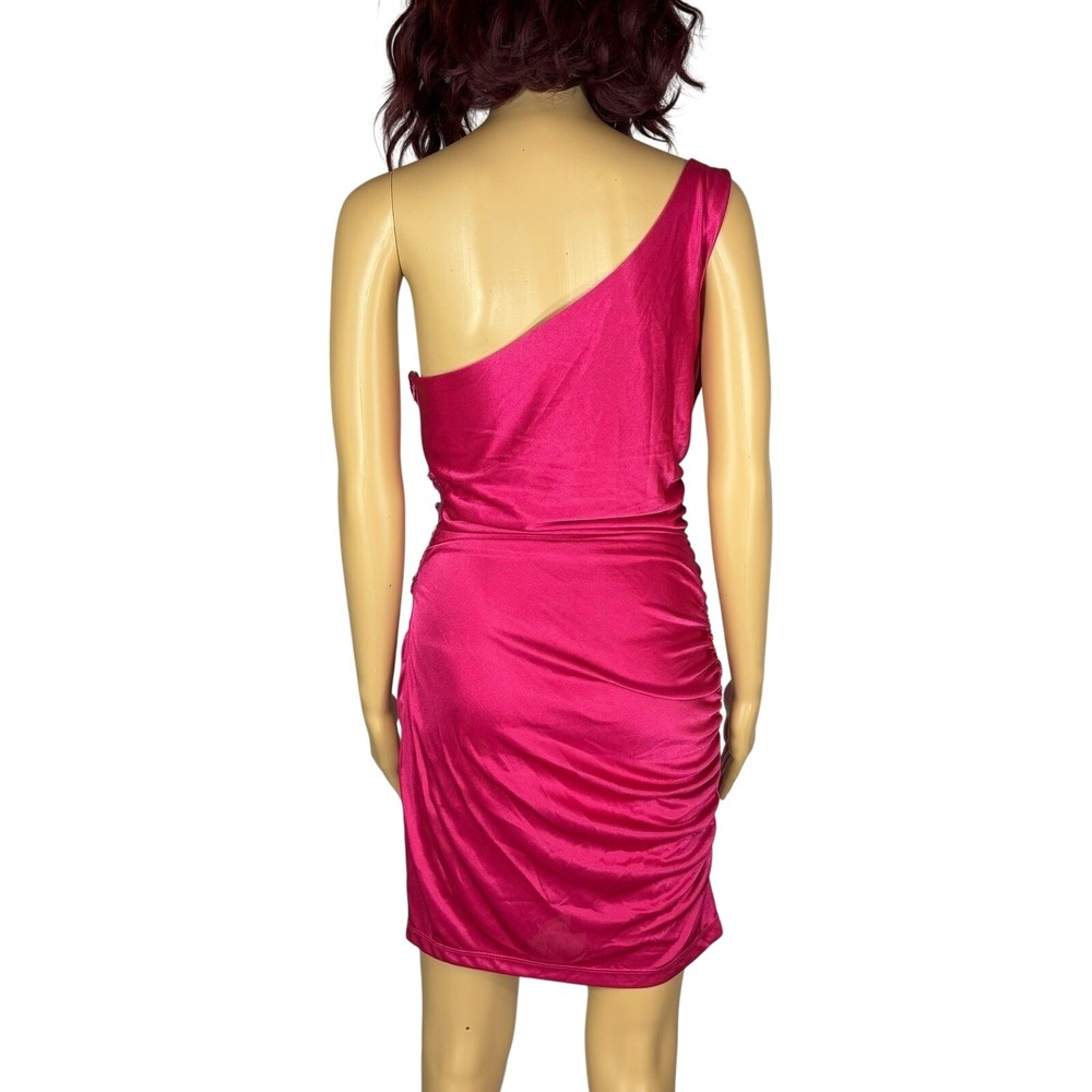 Vintage y2k Pink Satin One Shoulder Ruched Mini Dress Rhinestone Party MEDIUM - Picture 3 of 10